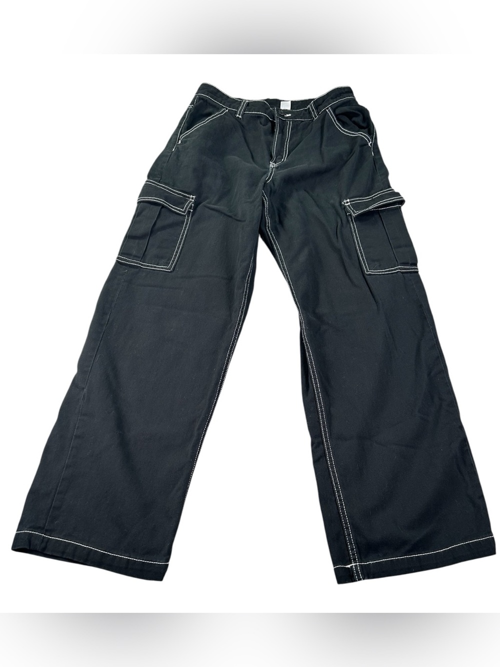 H&M Divided Cargo Pants Women’s 6 Black Contrast Stitch Wide Leg Utility Y2K